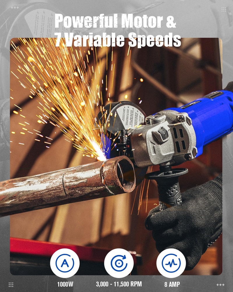 AVID POWER Angle Grinder 4-1/2 Inch 8.0 Amp 1000W Electric Grinder Tool 7-Variable-Speed Metal Grinder, 11,500 RPM, Paddle Switch with Lock-on Button, Cutting & Grinding Wheels and Side Handle - Blue - Image 2